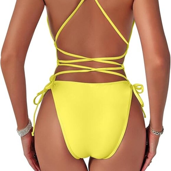 SUNSHINE YELLOW STRAPPY BACK HIGH-CUT CHEEKY ONE PIECE SWIMSUIT SIZE LARGE NWOT - Picture 3 of 13